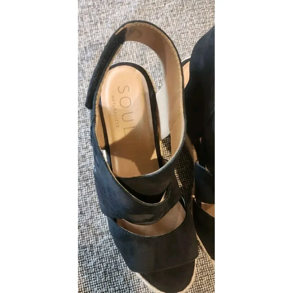Soul Naturalizer Oshay Wedge Womans Size 8 Black Leather Espadrille Sandal‎